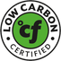  A circular white icon with a black border containing the text "LOW CARBON CERTIFIED" around a central green circle that displays the lowercase black letters "cf" next to a degree symbol.