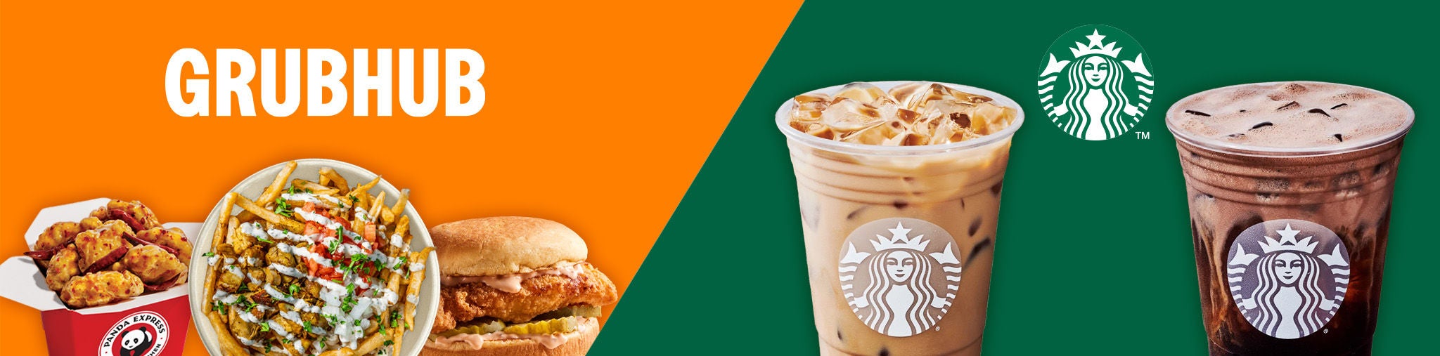 Two images: first is of GrubHub with various food items, second is of two Starbucks drinks.
