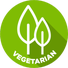 A circular lime-green icon featuring a white outline of two stylized leaves and the word "VEGETARIAN" in bold white capital letters along the bottom curve
