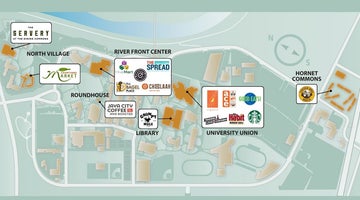 Illustrated campus dining map showing locations and food options across North Village, Roundhouse, River Front Center, University Union, Hornet Commons, and the Library. The map includes labeled dining spots such as The Servery, Courtyard Market, Java City Coffee, Grumpy Mule, HiveMart, Bagel Place, The Spread, and multiple University Union vendors (including acai bowls, burgers, chicken, and coffee). Building footprints are highlighted in tan, pathways and roads are shown in white, and a compass indicates north.