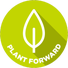 A circular chartreuse icon displaying a single white outline of a leaf with the words "PLANT FORWARD" in bold white capital letters sweeping along the bottom.