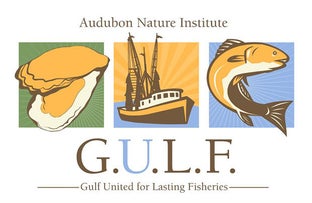 A graphic for the Audubon Nature Institute's "G.U.L.F." (Gulf United for Lasting Fisheries) program, featuring illustrated icons of an oyster, a fishing boat, and a fish.
