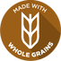 A circular brown icon with a white outline of a wheat stalk in the center, featuring the words "MADE WITH" arched along the top and "WHOLE GRAINS" along the bottom.
