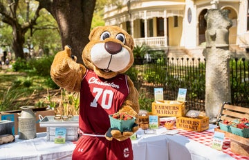 the mascot, Clyde, pointing at strawberries in front of the farmers market table.