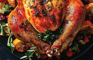 A roast chicken is displayed surrounded by herbs and a stone tablet.