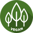 A circular forest-green icon showcasing a white outline of three stylized leaves side by side, with the word "VEGAN" in bold white capital letters centered at the bottom.