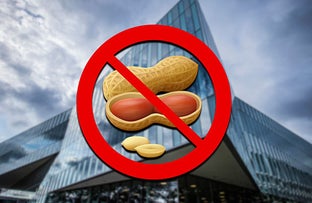 No Peanuts in the Commons.jpg: A large red "prohibited" symbol with a diagonal slash overlaid on an illustration of peanuts, set against a blurred background of the Malkin Sacks Commons.