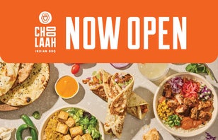 Food image with text overlay stating "now open" next to the Choolaah logo