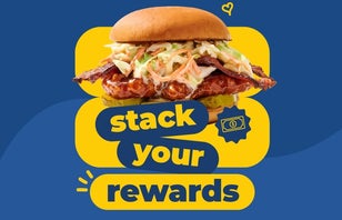 Chicken Sandwich with text overlay stating "Stack Your Rewards"