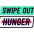  A clean graphic logo with the words "SWIPE OUT" in a teal box above "HUNGER" in a white box with a pink horizontal strike-through.