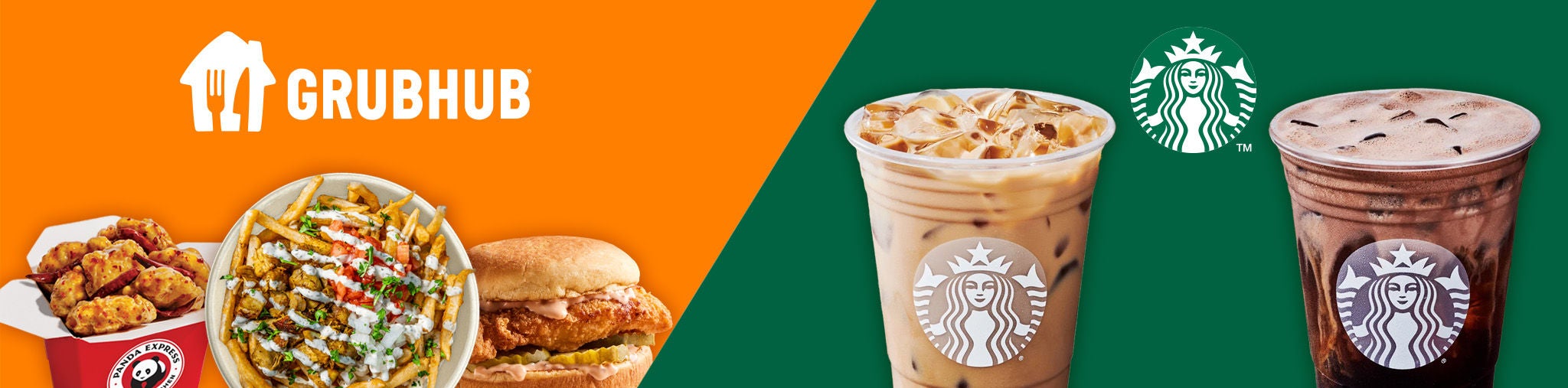 Two images: first is of GrubHub with various food items, second is of two Starbucks drinks.