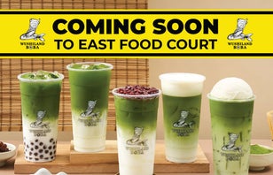 Photo of Matcha Latte drinks with text overlay stating "Coming Soon to East Food Court"