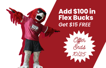 IUPs market, norm, standing next to a banner than talks about how students can get an additional $15 for every $100 they add in flex, now until October 25th.